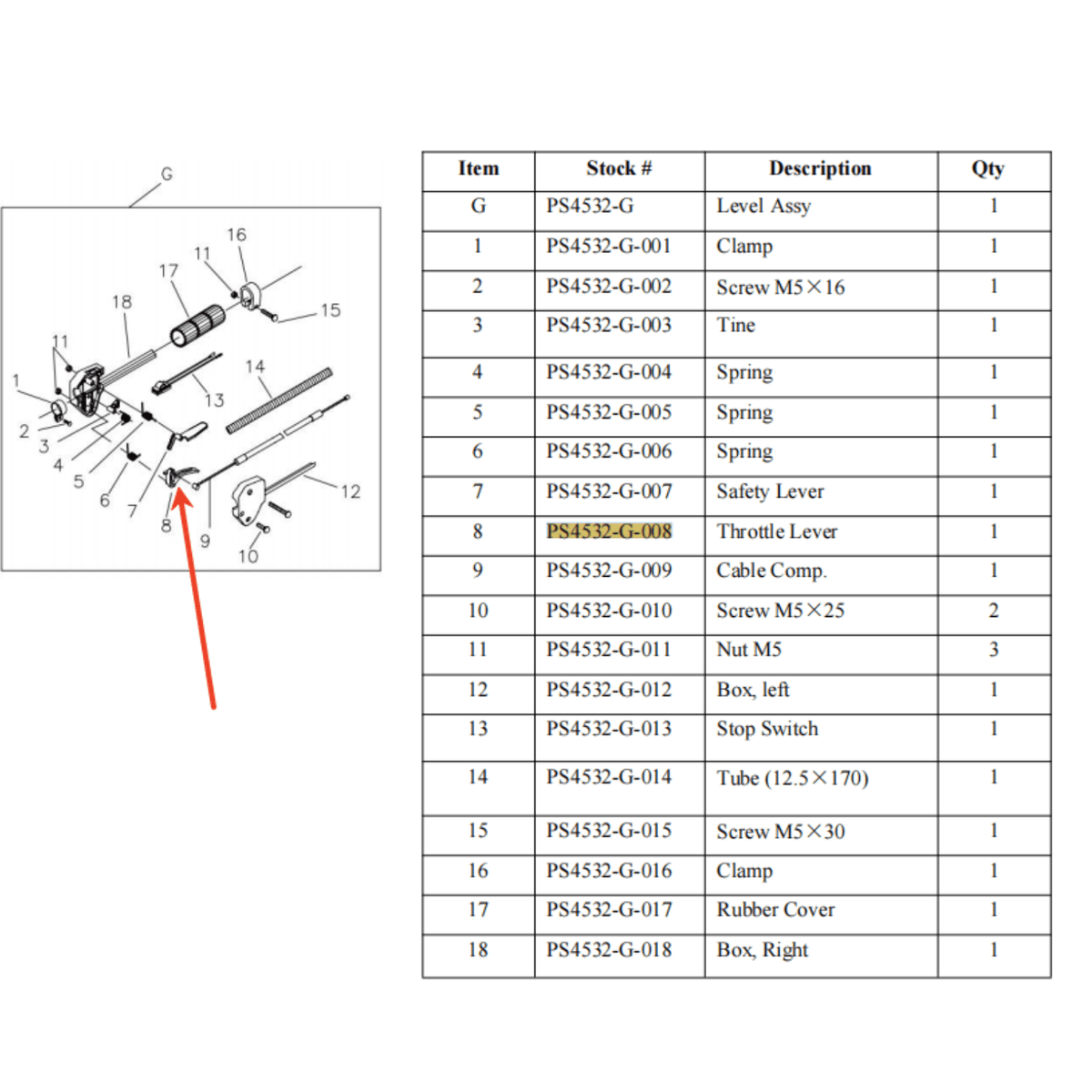 Lawn Mower Parts- Throttle Lever, Stock number PS4532-G-008