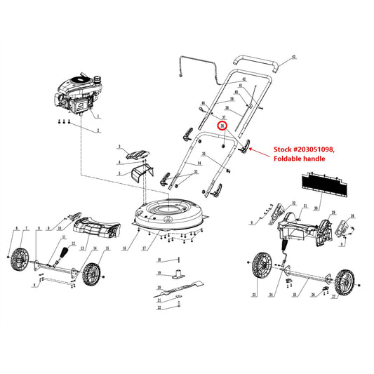 Lawn Mower Parts - Foldable handle, Stock #203051098