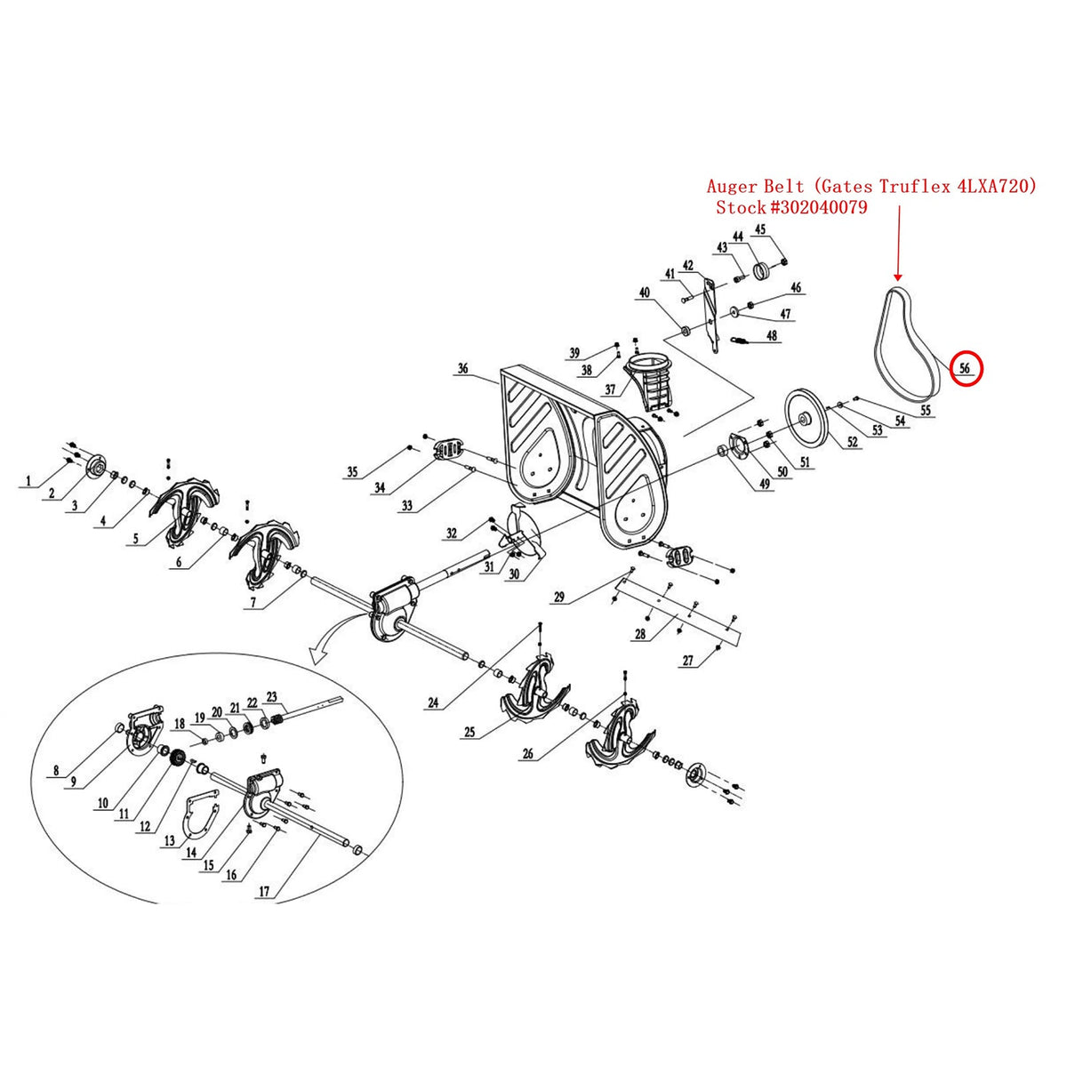 Snow Blower Parts - Auger Belt (Gates Truflex 4LXA720), Stock #302040079
